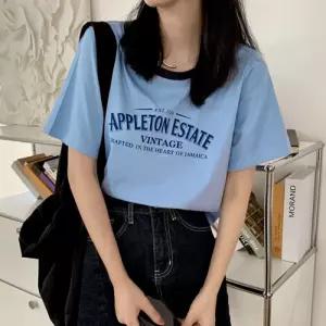 여성 세미 크롭 라운드 여름 예쁜 반팔 티 셔츠 블루