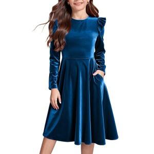 세이시비 걸스 크리스마스 드레스 벨벳 가을 겨울 파티 러플 긴팔 캐주얼 포켓 프린세스 의상