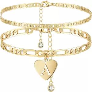 여성 YANODA 초기 발목 팔찌 레이어드 골드 발찌 14k 리얼 충전 피가로 레터 방수 여름 주얼리 맞춤 선물