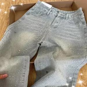 미에스틸로 여성 일자 스트레이트 청바지 연청 핫픽스 가을 빅사이즈 하이웨스트 슬림 통바지 ADOR3