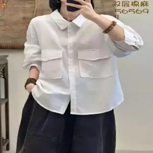 미에스틸로 여성 루즈핏 롱 셔츠 블라우스 이중 면마 투포켓 상의 솔리드 빅사이즈 ADOR1