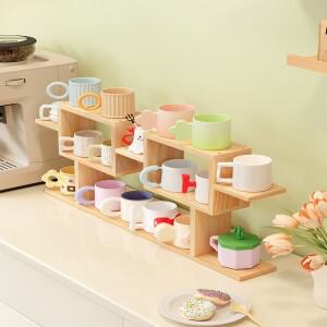 나무 다층 데스크탑 컵 홀더 차 보관 랙 층별 선반 정리대 커피 머그잔 주방용