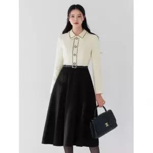 정품발송 시크라인 ~XXL까지 카라 배색 트위드 벨트 원피스 겨울 오피스룩 하객룩 연말룩 모임룩 파티룩 빅