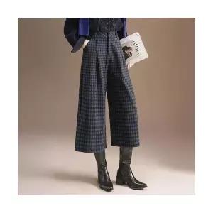여성용 슬랙스 체크 모직 팔부 와이드 팬츠형 하이웨스트 가을 겨울 기모 통바지 CH4