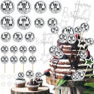 36개 디스코 볼 케이크 토퍼 생일 축하 1970년대 픽 70년대 파티 장식