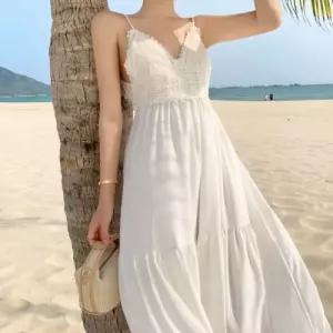 여자 바캉스 썸머 웨어 니트 탑 화이트 롱원피스