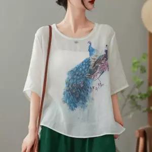 여친 프린트티 여름 앤티크 모시 프린트부 루즈핏 무드 라운드 풀오버 린넨 탑 패피5