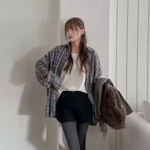 [빅사이즈]이블렛 온츠아 피치 체크 롱 셔츠 제이스타일