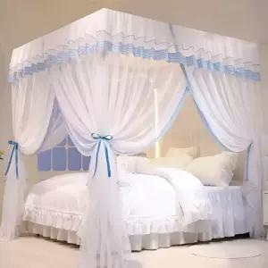 고품질 체크 커튼형 침대모기장 (150cmx200cm) (블루)  천장모기장 (WFKDTKE)