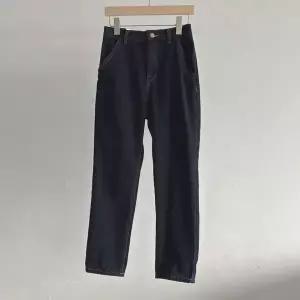 여성 배기진 진한색 기모 데님 슬림핏 스티치 면바지