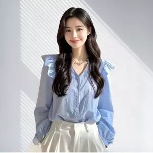 이그노바 프릴 브이넥 린넨 봄 여름 가을 블라우스넨 여성 셔츠 여자 쇼핑몰 어깨 퍼프벌룬 쉬폰