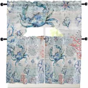 오션 블루 코랄 크랩 주방 커튼 스웩 밸런스 및 티어 세트 24인치 길이 로드 포켓 드레이프 패널
