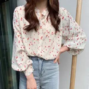 여성 퍼프 벌룬 소매 플라워 긴팔 블라우스 화이트남방 봄블라우스 차이나카라 프린트옷 프린팅