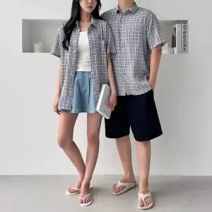 쿼치드 남녀공용 시어서커 하프셔츠 여름남방 SD-250636예쁜 커플 체크 반팔