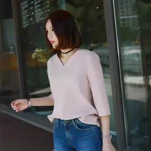 7부 간절기 여승스러운 브이넥 편한 베이직 블라우스여성 반팔 기본 캐쥬얼 컬러
