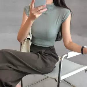 여성 캡슬리브 레이온 반목 폴라 이너티 슬림 스판 티셔츠