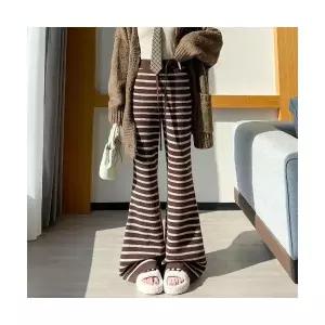 여자 바지 나팔핏 기모 도톰 스트라이프 니트 하이웨스트 슬림핏 캐주얼 플레어 MACHI4