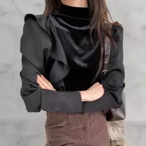[하프클럽/]여성 벨벳 긴팔 목프릴 블라우스
