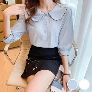 러블리 물결 빅카라 7부 블라우스 URD-501여성자수 라운드쉬폰 셔츠형 여자 여성용 세라 화려한