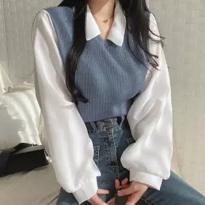 조끼 페이크 여성 티셔츠 카라 블라우스 긴팔 여자 대학생룩 심플 조기 정장