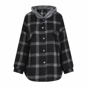 [하프클럽/샵앤]여성 피치 기모 체크 루즈핏 후드 롱 남방 셔츠 MSE-WBL-20963-블랙