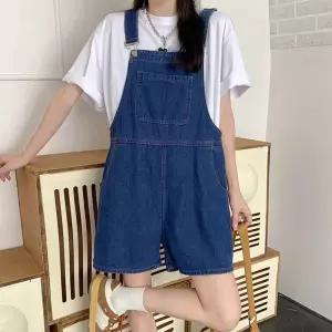 청 점프수트 데님 진청 슈트 멜빵 반바지 귀여운코디 캐주얼 데이트룩점퍼 여성 데일리 귀여운