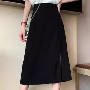 여성 앞 트임 실키한 느낌 허리밴딩 캐쥬얼 스커트치마 여자 하의 데님 청치마 롱스커트