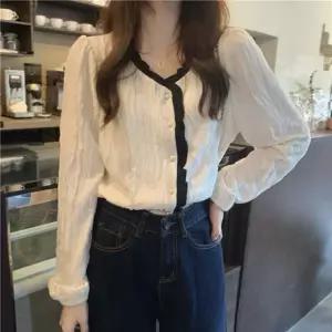 프릴 블라우스 LL-T119배색 브이넥 캐주얼 남방 여성 디자인셔츠 여자