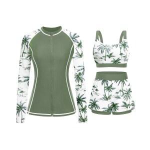 여성용 3피스 래쉬 가드 - 반바지 SPF가 포함된 긴 소매 수영복과 브라가 내장된 수영 셔츠 지퍼업