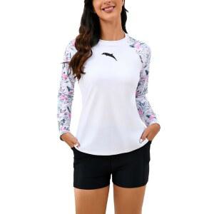 할컷 여성용 브라 래쉬 가드 긴팔 수영복 UPF 50 투피스 수영 반바지 및 상의 내장