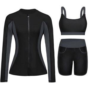 여성 3피스 래쉬 가드 - 긴 소매 수영복 내장 브라 수영 셔츠 지퍼 수영복과 포켓 반바지