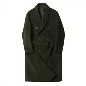 남성 더블코트 로브 디자인 허리끈 롱코트 카키색