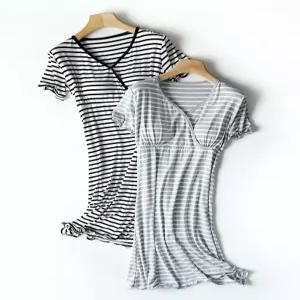 여름 반팔 줄무늬 수유복 냉장고 모달 편한 노브라 캡내장 원피스 부들이