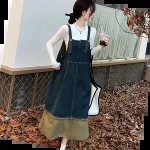 데님원피스룩 빈티지 멜빵 데님 데님원피스패션 배색 원피스