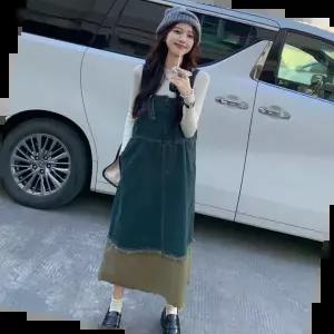 멜빵데님스커트 빈티지 데님 배색 멜빵 원피스 LL-D131