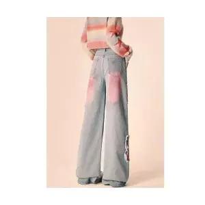 어밴저스 여자 키작녀 와이드 청바지 빈티지 날염 나비 패치 세미 부츠컷 데님 추동 하이웨스트 슬림 팬츠