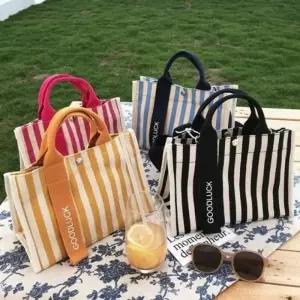 OOD LUCK 스트라이프 방수 캔버스 가방 천 기저귀 런치 방수 크로스 백 천 가방 여성 토트백