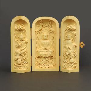 목재 3단 미니 불감 휴대용 불상 부처님 삼존불 3종 택1