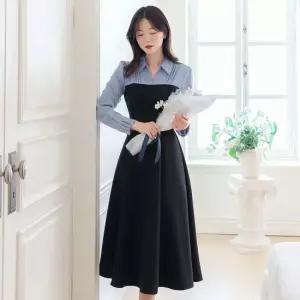 [시크라인] 디에이 배색 셔링 오픈카라 벨트 플레어 원피스