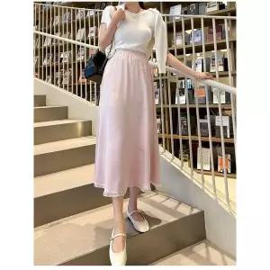 [하프클럽/봉구]캐주얼 새틴 리본 레이스 A라인 플레어 롱 스커트