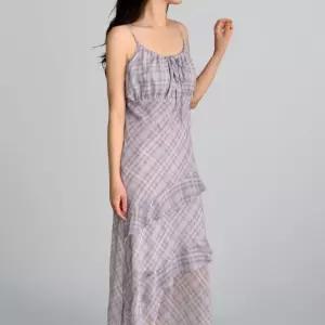 여성 시스루 여름 체크끈 롱캉캉 러플 백리스 원피스