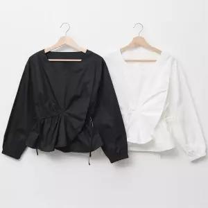 여성 가을 하객용 언발 스트링 꼬임 랩 블라우스