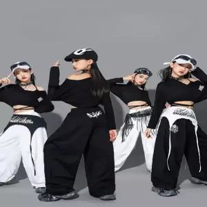 코드루이스 케이팝 블랙 화이트 걸그룹 방송댄스복 X크롭탑 초등 여아 힙합댄스 무대 의상