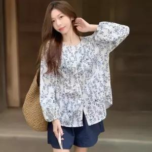 여성 꽃 패턴 노카라 루즈핏 긴팔 셔츠
