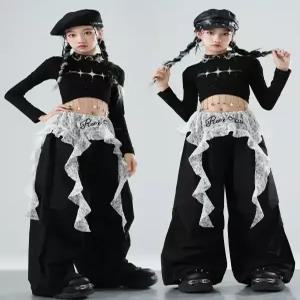 코드루이스 여아 블랙 방송댄스복 걸그룹 태슬 크롭티 초커 레이스 공연복 댄스대회 의상