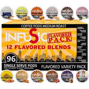인퓨시오 맛 커피 포드 버라이어티 팩 - 96 카운트, 바나나 포스터 & 크렘 브렘 레와 같은 고메 미디엄 로스트 디저트에서 영감을 받은 블렌드, 큐리그 K-컵 2.0 브루어스와 호환 가능