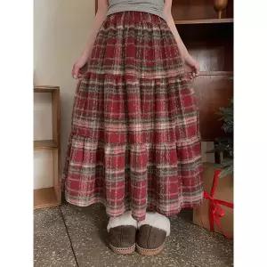 [엘루이즈] [기모/연말룩] 몽글링 도톰 체크 캉캉 올밴딩 플레어 롱 스커트(2color)