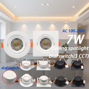 10pcs 광장 라운드 다이얼 스위치 천장 스포트라이트 트라이 컬러 디밍 AC 220V 110V 조정 가능 각도 통 홈