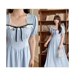 블랙팬서 여성원피스 여름 레이스 스퀘어넥 리본원피스 통통사이즈 빅사이즈 퍼프소매 슬림 롱스커트 플라