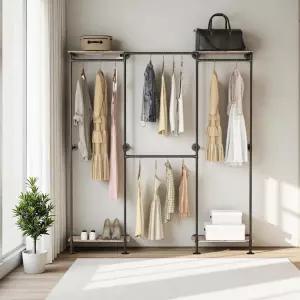 KaKaBB 산업용 파이프 의류 선반 옷을 걸 수 있는 벽걸이 선반이 조절 가능한 L자형 모서리 옷장 속 산책을